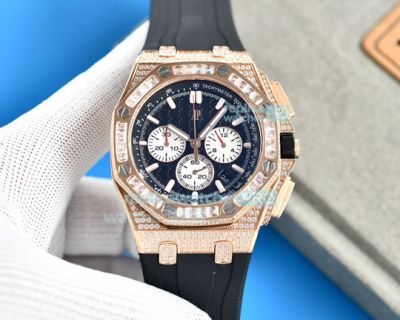 Copy Audemars Piguet Royal Oak Offshore Watch Black Dial Rose Gold Diamond Case Black Rubber Strap